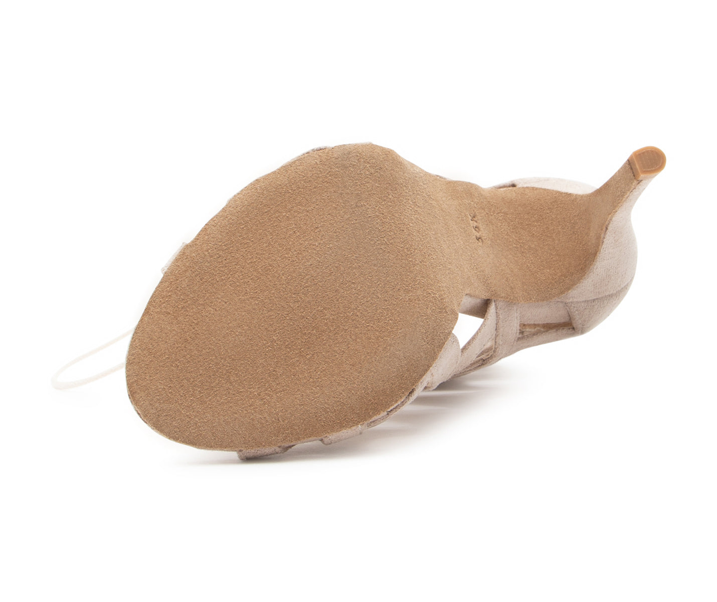 Andromeda Tanzschuhe in Beige von Dancing Queens, abgebildet von unten mit einer glatten Wildledersohle.